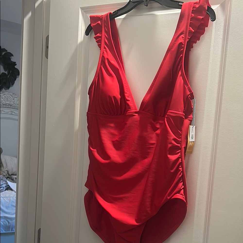 Kona Sol Red One Piece Swimsuit with Ruffled Straps